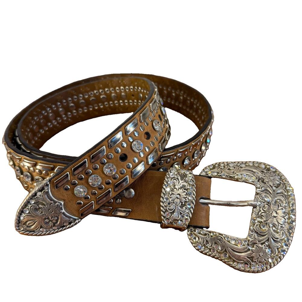 NOCONA Brown/Silver Rhinestone Studded Leather BELT Sz L rodeo